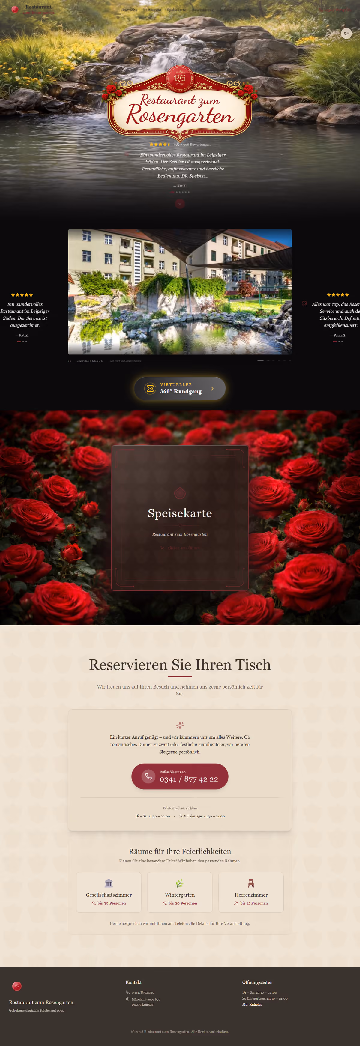 Vollständige Aufnahme der Website Restaurant zum Rosengarten von oben bis unten
